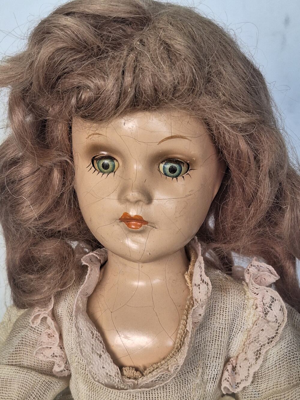 Vintage 15 Inch Composition Doll Sleep Eyes Mohair Wig Dress Shoes 1930s 1940s